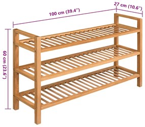 vidaXL Παπουτσοθήκη με 3 Ράφια 100 x 27 x 60 εκ. Μασίφ Ξύλο Δρυός