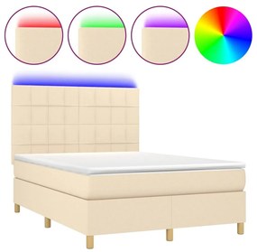 Κρεβάτι Boxspring με Στρώμα &amp; LED Κρεμ 140x190 εκ. Υφασμάτινο - Κρεμ