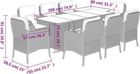vidaXL Σετ Τραπεζαρίας Κήπου 9 τεμ. Γκρι Συνθ. Ρατάν με Μαξιλάρια