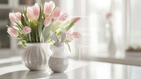 Intra Συλλεκτικό Ξύλινο Παζλ Plywood 4mm - Ροζ τουλίπες σε λευκό βάζο με λαγουδάκι κουνέλι Σε Ξύλινο Κουτί - Διαστάσεις: 10x10 cm – 25 κομμάτια