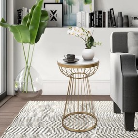 Τραπεζάκι βοηθητικό Mantare Megapap μεταλλικό - Mdf χρώμα χρυσό - λευκό εφέ μαρμάρου 35x35x58εκ.