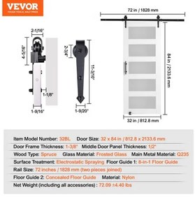 VEVOR Barn Door and Hardware Kit 30&quot; x 84&quot; Wood and Glass Sliding Barn Door Kit