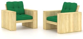 Καρέκλες Κήπου 2 τεμ. Εμποτ. Ξύλο Πεύκου &amp; Πράσινα Μαξιλάρια - Πράσινο