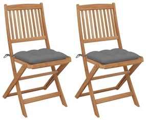 Καρέκλες Κήπου Πτυσσόμενες 2 τεμ Μασίφ Ξύλο Ακακίας &amp; Μαξιλάρια - Γκρι