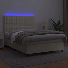vidaXL Κρεβάτι Boxspring με Στρώμα &amp; LED Κρεμ 140x190 εκ. Συνθ. Δέρμα