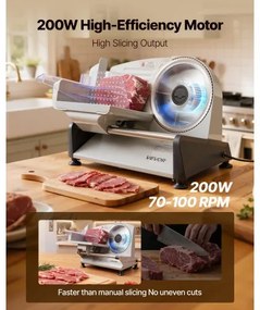 VEVOR Meat Slicer, 200W Electric Deli Slicer Machine with 190 mm Sharp Blade, Home Meat-Slicer with 70-100 RPM Slicing Speed, 0-15 mm Adjustable Thickness, for Frozen Meat, Ham, Baguett &amp; Prime Steak