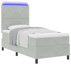 vidaXL Κρεβάτι Box Spring με Στρώμα & Φωτισμό LED Γκρι 90x190 εκ Βελούδο