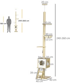 PawHut Δέντρο για γάτες, ύψους οροφής, σπίτι για γάτες, δύο πλατφόρμες, αιώρα, προστασία από ανατροπή, ανοιχτό καφέ+μπεζ, 40 x 40 x 260 cm