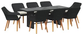 vidaXL Σέτ φαγητού για κήπο με μαξιλάρι 9 pcs Μαύρο συνθετικό ρατάν
