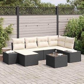 vidaXL Σετ Καναπέ Κήπου με μαξιλάρι 7 pcs Μαύρο και Κρεμ Πολυ ράταν