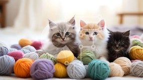 Σετ των 2 Intra Συλλεκτικό Ξύλινο Παζλ Plywood 4mm - Τρία γατάκια που παίζουν με πολύχρωμα νήματα Σε Ξύλινο Κουτί - Διαστάσεις: 10x10 cm – 25 κομμάτια