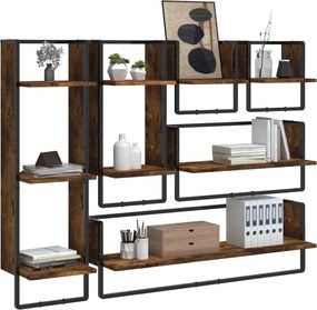 vidaXL Ράφια Τοίχου Σετ 6 τεμ. με Μπάρες Καπνιστή Δρυς Επεξεργ. ξύλο