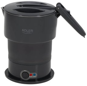 Τουριστικός ηλεκτρικός βραστήρας Adler AD 1377, 600W, 0,6 l, Αναδιπλούμενο σώμα σιλικόνης, Προστασία υπερθέρμανσης, Ένδειξη φωτός, Γκρι/Μαύρο