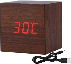 Ξύλινο Επιτραπέζιο Ψηφιακό Ρολόι, Ξυπνητήρι, Θερμόμετρο με οθόνη LED - Καφέ