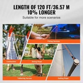 VEVOR Arborist Tree Climbing Rope Double Braid Polyester 0,95 cm (3/8") x 36,6 m (120') 48-Strand