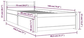 vidaXL Πλαίσιο Κρεβατιού Με Συρτάρια Μαύρο 75x190 εκ Small Single