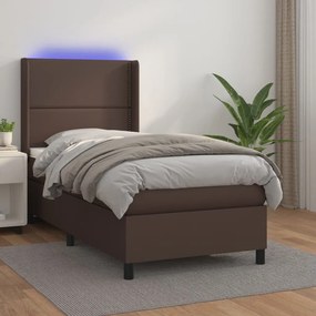 vidaXL Κρεβάτι Boxspring με Στρώμα & LED Καφέ 90x200 εκ. Συνθ. Δέρμα