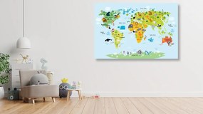 Εικόνα στο φελλό ενός παιδικού παγκόσμιου χάρτη με ζώα - 90x60  color mix