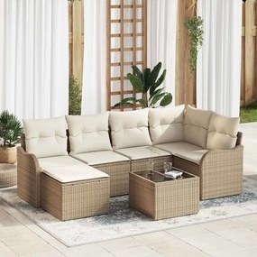 vidaXL Σετ Καναπέ Κήπου με μαξιλάρι 7 pcs Μπεζ και λευκό Πολυ ράταν