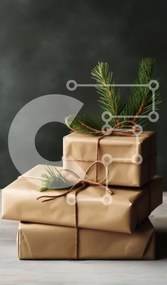 Intra Συλλεκτικό Ξύλινο Παζλ Plywood 4mm - Στοίβα από τρία καφέ τυλιγμένα δώρα με κλαδί πεύκου Σε Ξύλινο Κουτί - Διαστάσεις: 10x10 cm – 25 κομμάτια