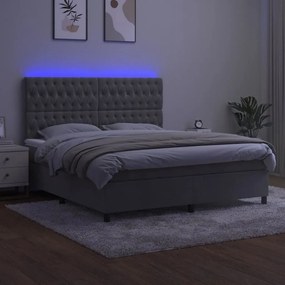 Κρεβάτι Boxspring με Στρώμα &amp; LED Αν.Γκρι 160x200 εκ. Βελούδινο - Γκρι