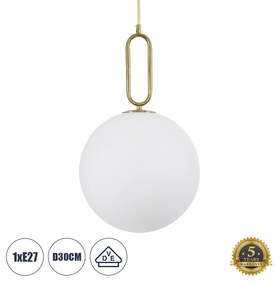 GloboStar® BELLISSIMO 61487 Μοντέρνο Κρεμαστό Φωτιστικό Οροφής Μονόφωτο 1 x E27 Γαλακτερή Γυάλινη Μπάλα με Μεταλλικό Επιχρυσωμενό Πλατίνα Σώμα Φ30 x Υ52cm