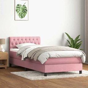 vidaXL Κρεβάτι Boxspring με Στρώμα &amp; LED Ροζ 90x220 εκ. Βελούδινο