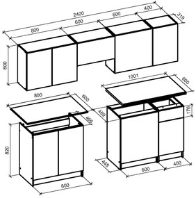 TAMARA 240 kitchen set, color: front - grey marble / black, body – carbon wood, worktop – grey