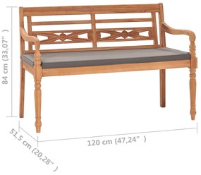 Παγκάκι Batavia 120 εκ. Μασίφ Ξύλο Teak &amp; Σκούρο Γκρι Μαξιλάρι - Γκρι