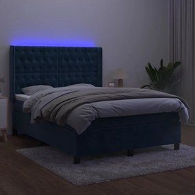 Κρεβάτι Boxspring με Στρώμα &amp; LED Σκ. Μπλε 140x200εκ. Βελούδινο - Μπλε