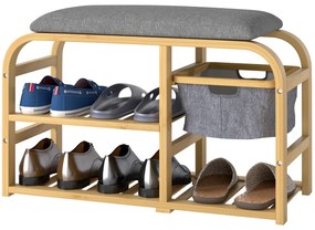 HOMCOM Παπουτσοθήκη με ράφια, παπουτσοθήκη, μπαμπού, ταπετσαρισμένο κάθισμα, Γκρι