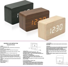 Επιτραπέζιο Ψηφιακό Ξύλινο Ρολόι με οθόνη LED, Ξυπνητήρι, Θερμόμετρο - Μαύρο