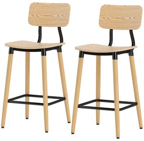 HOMCOM Σετ 2 σκαμπό μπαρ με πλάτη, καρέκλες μπαρ για οικιακό μπαρ, νησίδα κουζίνας, τραπεζαρία, ξύλο, μέταλλο, ανοιχτό καφέ