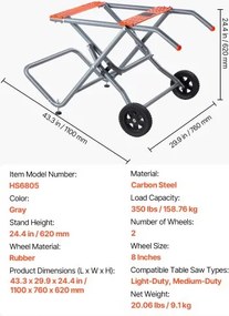 VEVOR Portable Table Saw Stand with Wheels 350lbs Load Capacity Rolling Foldable