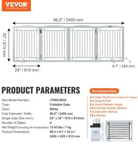 VEVOR Free Standing Dog Gate 32x96.5 inch Freestanding Pet Gate Foldable White