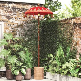 vidaXL Ομπρέλα με Βάση Κόκκινο, Καφέ 250 cm Βαμβάκι, Ξύλο