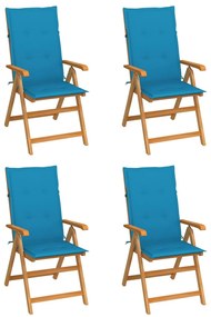vidaXL Καρέκλες Κήπου 4 Τεμαχίων από Μασίφ Ξύλο Teak με Μπλε Μαξιλάρια