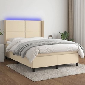 Κρεβάτι Boxspring με Στρώμα &amp; LED Κρεμ 140x190 εκ. Υφασμάτινο - Κρεμ