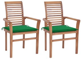 Καρέκλες Τραπεζαρίας 2 τεμ Μασίφ Ξύλο Teak με Πράσινα Μαξιλάρια