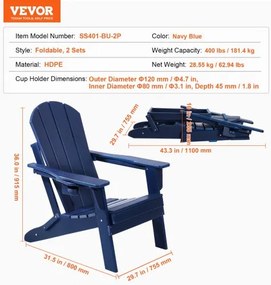 VEVOR Adirondack Chair Plastic Set of 2 All-Weather Folding Fire Pit Navy Blue