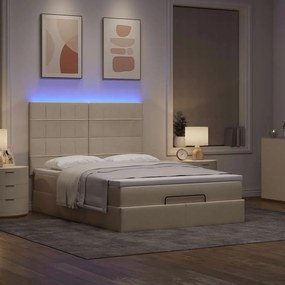 vidaXL Οθωμανικό κρεβάτι με στρώμα & LEDs Cream 140x200 cm Ύφασμα