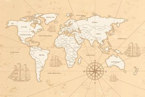 Εικόνα ενός ενδιαφέροντος μπεζ παγκόσμιου χάρτη σε έναν φελλό - 90x60  wooden