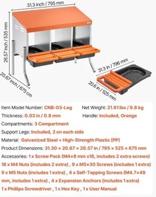 VEVOR Chicken Nesting Boxes, 3 Compartments, with Support Legs, Easy Egg Collection, Galvanized Steel and High-Strength Plastic, Roll Away Nesting Boxes for Chickens and Hens Laying Eggs, Orange
