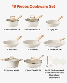 VEVOR 19 Piece Pots and Pans Set Granite Nonstick Kitchen Cookware White