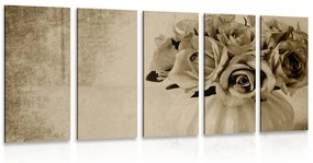 Τριαντάφυλλα 5 τμημάτων εικόνας σε βάζο σε σχέδιο σέπια - 100x50