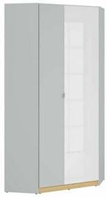 Γωνιακή ντουλάπα Boston BM113, Ανοιχτό γκρι, Δρυς, Γυαλιστερό λευκό, 200.5x93x93cm, Πόρτες ντουλάπας: Με μεντεσέδες