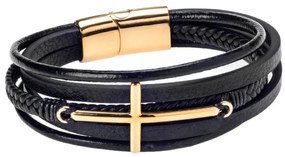 Βραχιόλι Senza Men&#039;s Steel Black Leather Strap Με Χρυσό Σταυρό
