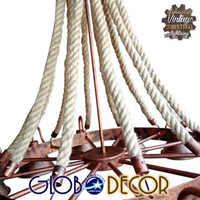 GloboStar CAMELOT 10001192 Vintage Κρεμαστό Φωτιστικό Οροφής Πολύφωτο 12 x E27 Καφέ Σκουριά Μεταλλικό Πολυέλαιος με Μπεζ Σχοινί Φ110 x Y126cm