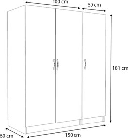 Ντουλάπα ρούχων Victoria Megapap τρίφυλλη χρώμα λευκό 150x60x181εκ.