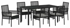 vidaXL Σέτ φαγητού για κήπο με μαξιλάρι 7 pcs Μαύρο Πολυ ράταν